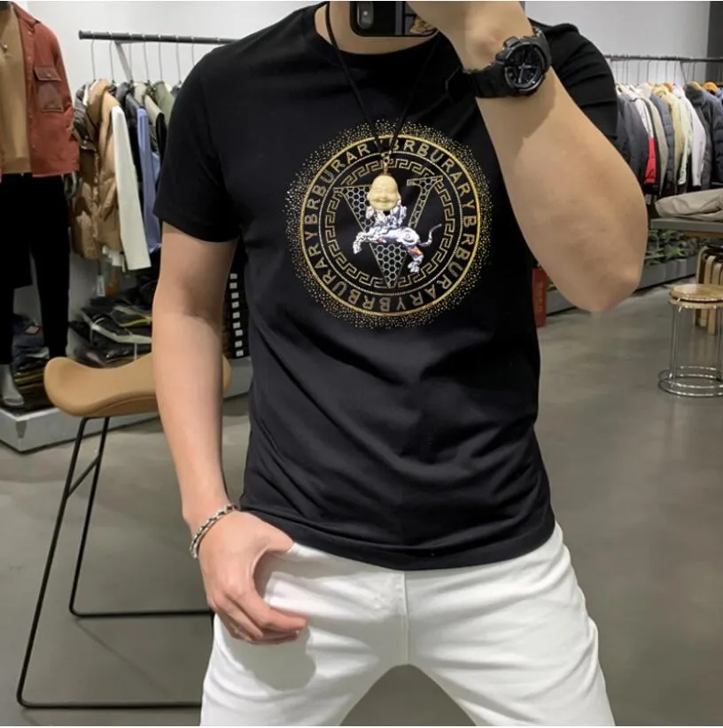 Homens camisetas 2023 verão nova camiseta de manga curta masculina versão coreana juventude tendência lantejoulas em torno do pescoço branco homens camiseta top