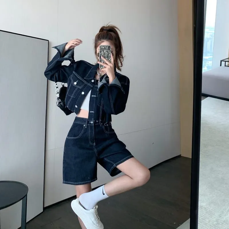 Women's Tracksuits Fashion Girl Two Piece Suits Women 2023 Autumn Cropped Denim Jacket Female Thin Tops And Pants Sets Woman
