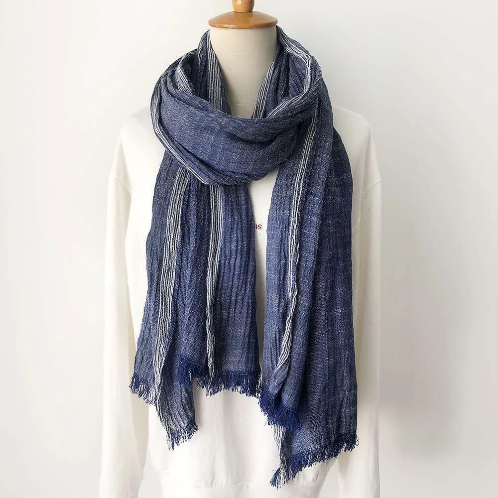 Japanese Cotton Linen Scarf: Blue/Black Stripes, Ethnic