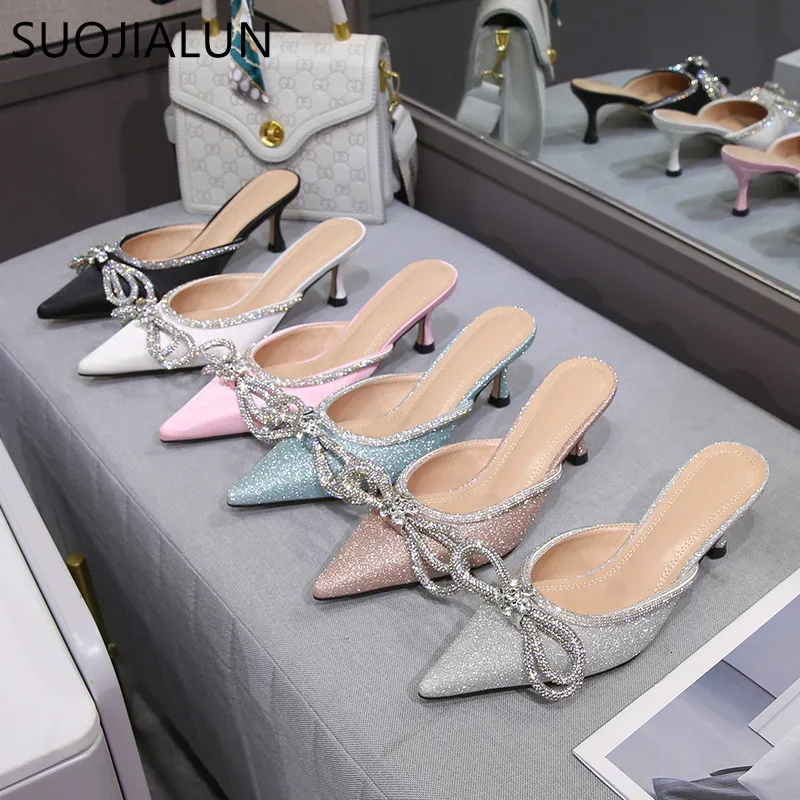 Slippers Suojialun Spring Femmes Slipper Fashion Bling Great Tissu Slip on Mules Chaussures Madies Crystal Bowknot Sandal Tlides 230302