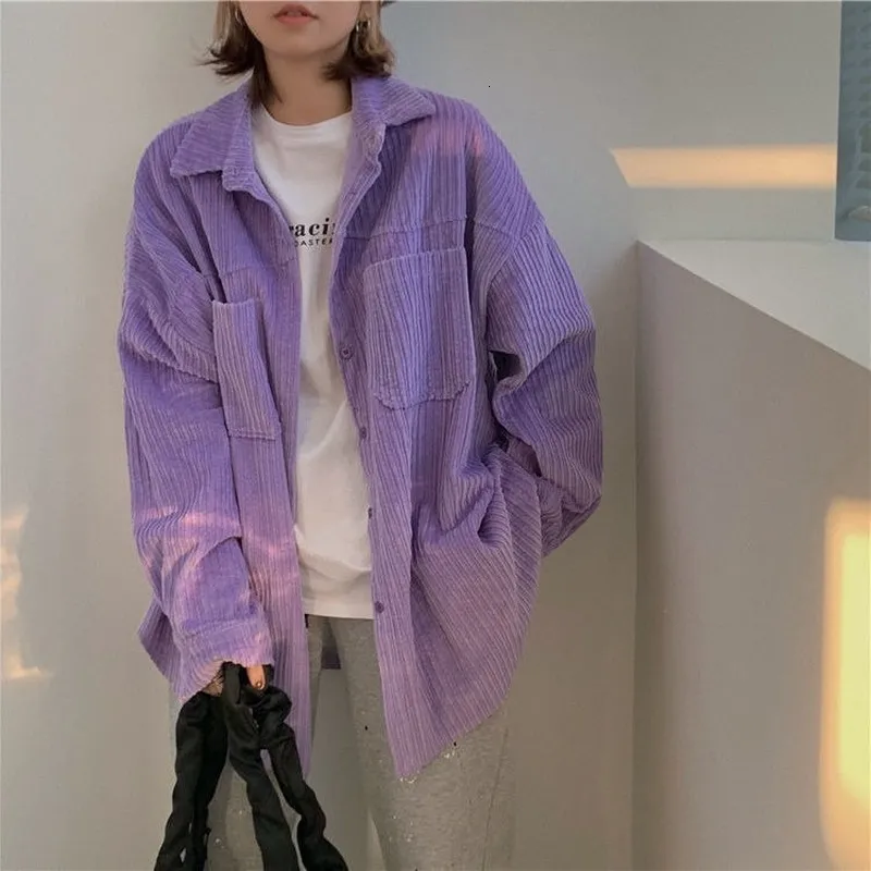 Blouses Femmes Chemises QWEEK Style coréen Y2k violet chemises en velours côtelé femmes automne Vintage surdimensionné Cardigan à manches longues Blouses dames tendance Alt vêtements 230302