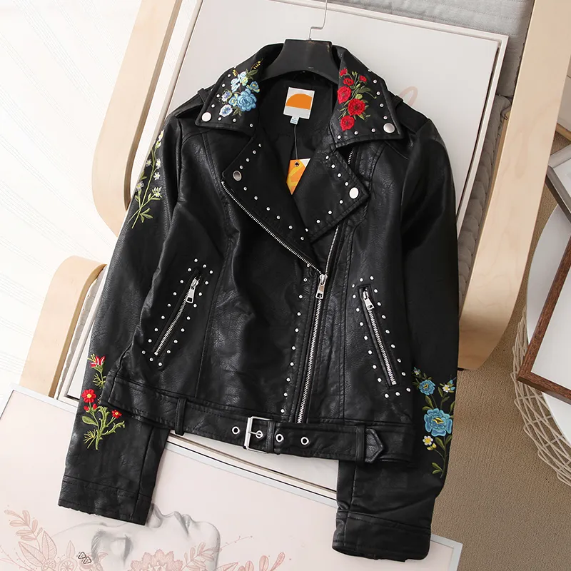 Women's Jackets Faux Leather Bomber Jacket Spring Fall Locomotive Flowers Embroidered Rivet PU Turn Down Collar Zipper Cardigan Belted Tops 230302