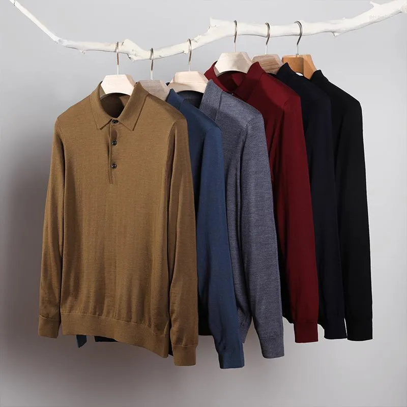 Erkek Sweaters 2023 Lüks Superfine Merino Halgeted Yün Polo-yakalı Bahar Sonbahar Erkekler Sulakları Baba Boy Bussiess T-Shirt