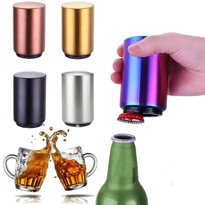 Apribottiglie in acciaio inossidabile Automatico Spingere verso il basso Magnetico Apribottiglie per birra Bar Cucina Gadget per vino Strumenti Apriscatole 200 pezzi SN5153