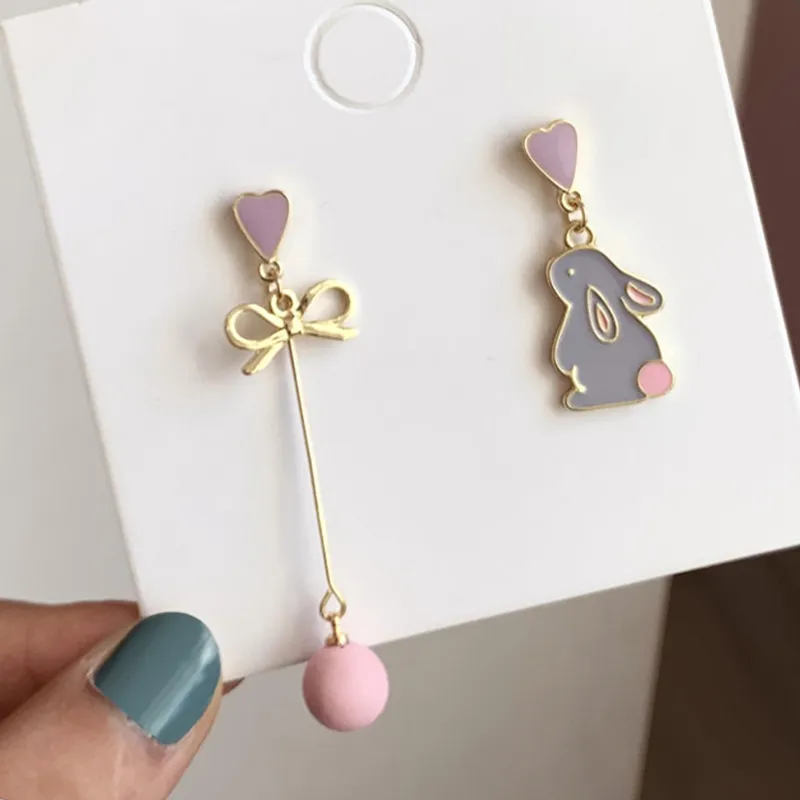 Flower Cute Animal Dangle Earrings For Women Moon Stars Kitten Rabbit Balloon Asymmetric Earring Party Jewelry Gift