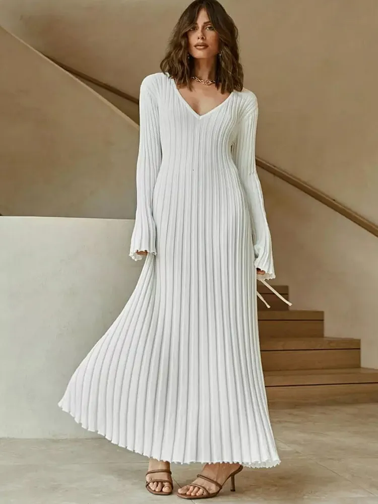 Women's V-Neck Knitted Maxi Dress, Long Sleeve, Ribbed, Casual Elegant A-Line Dress for Autumn Winter, Polyester, White/Black/Apricot