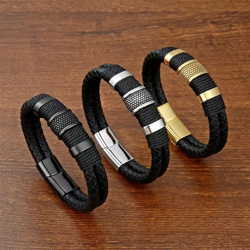 Men Women Mode gebreide armbanden Dubbele laag gevlochten 316L roestvrij staal DIY Kralen Zwart Leather Cord Bracelet Hip Hop Handwerk Accessoires Bangle Jewellry Jewellry