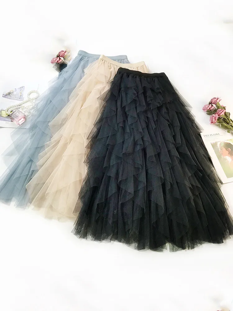 Faldas moda tutú tul mujer largo Maxi primavera verano coreano negro rosa alta cintura plisada mujer 230302