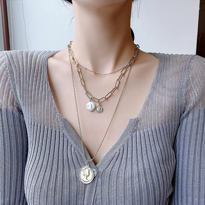 Pendant Necklaces Origin Summer Street Multi-layer Baroque Irregular Pearl Necklace For Women Head Portrait Chunky Chain Jewelry