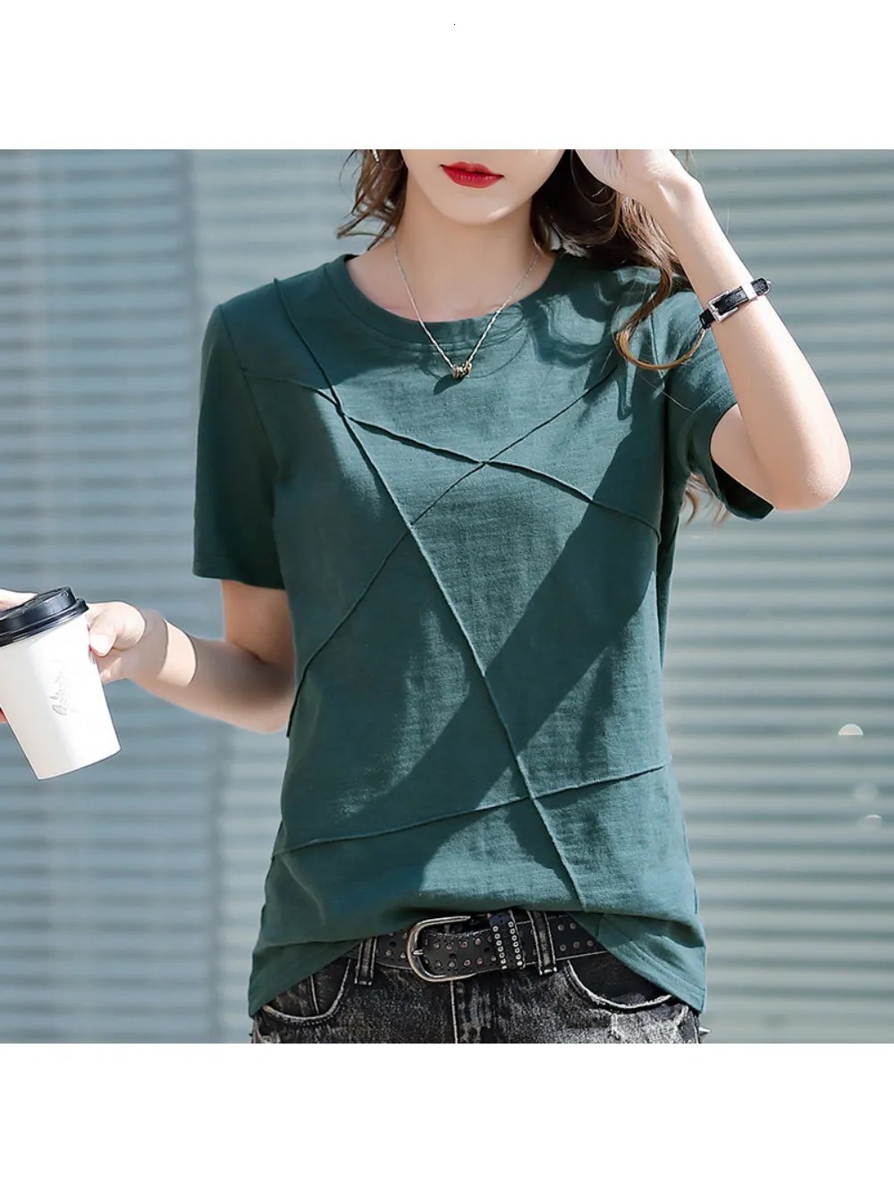 T-shirt à manches courtes en coton flammé pour femmes, chemise ample à bascule coréenne, haut rigide, tendance, été, 230301