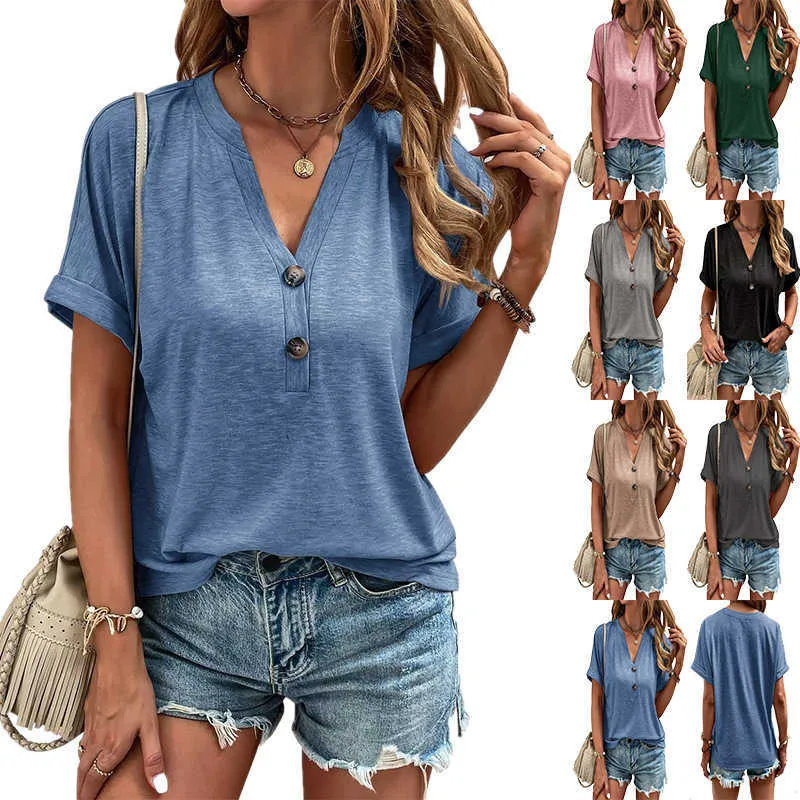 2023プラスサイズの女性Tシャツ春と夏のデザイナーTシャツトップスソリッドカラーボタンファッションvネックショートスリーブコットンTシャツ女性用