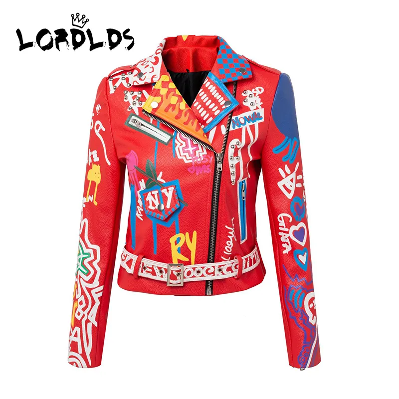 Vestes pour femmes LORDLDS Veste en cuir rouge Femmes Graffiti Imprimé coloré Moto Biker Vestes et manteaux PUNK Streetwear Vêtements pour femmes 230301