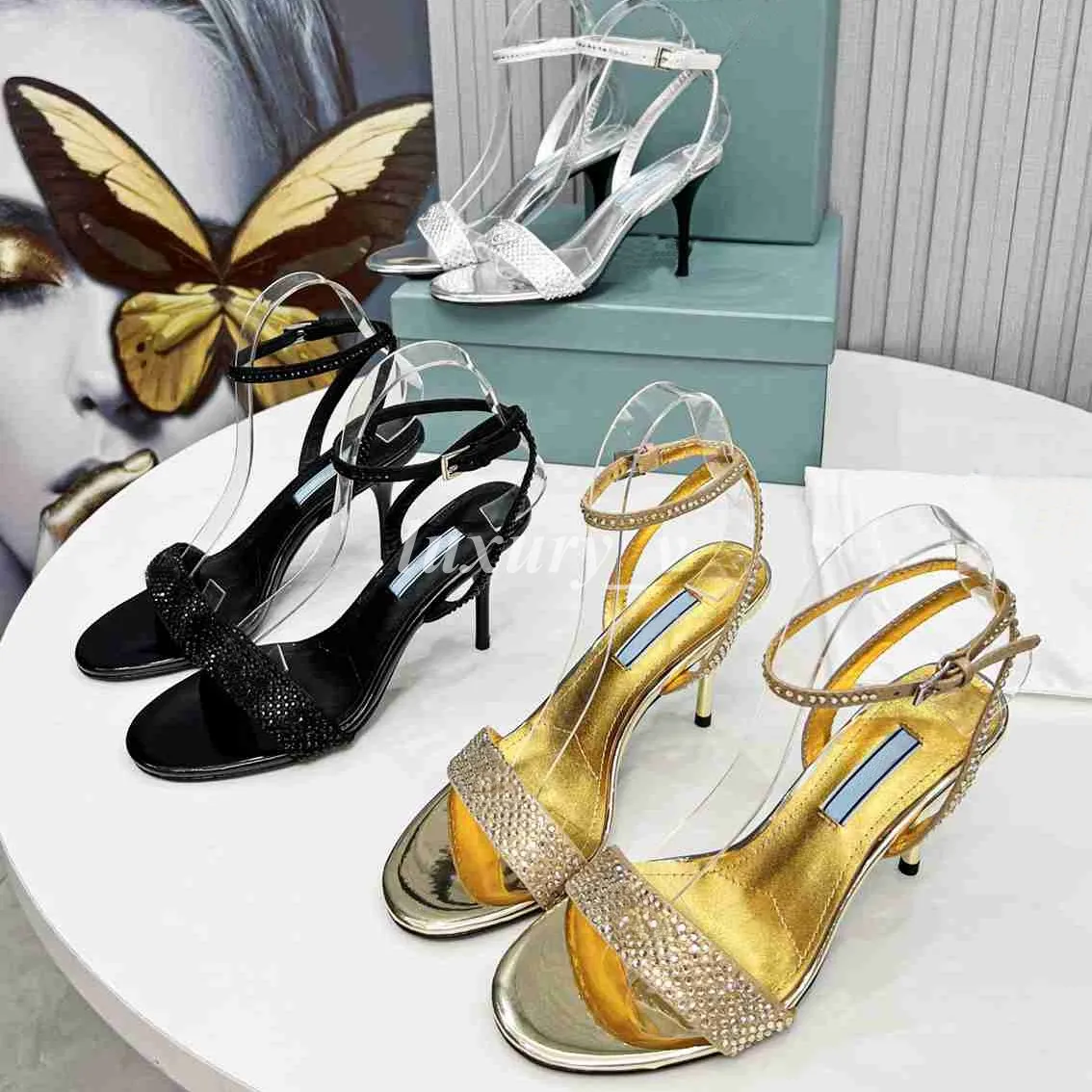 Designer Women Sandals Silver High Heels Patent Leather Stiletto Ankle Strap Sandal Open-Toes Rhinestone Shoes Golden Pumps Storlek 35-42