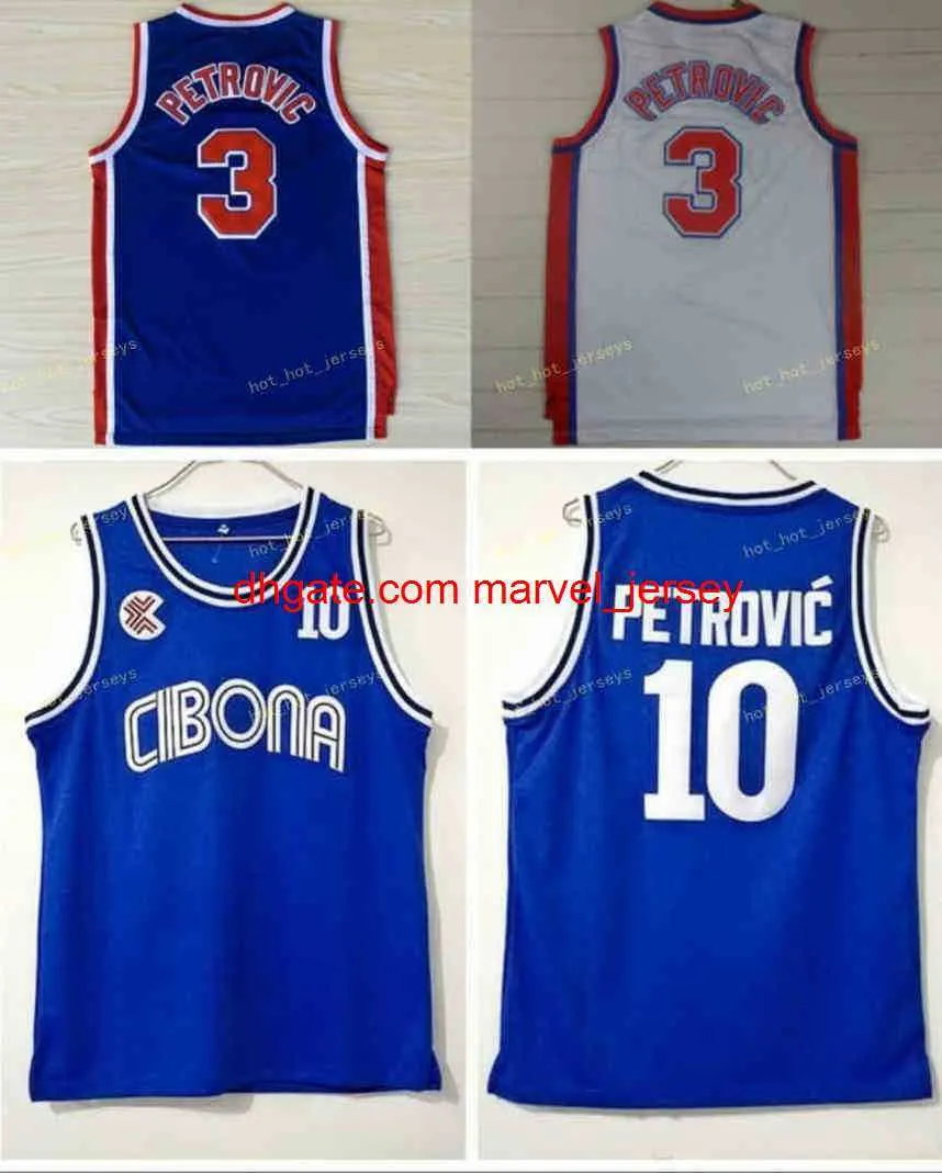 Vintage 3 Jerseys Cibona Zagreb College Basketball Drazen 10 Petrovic Jersey Blue Breathable Sport gestikt