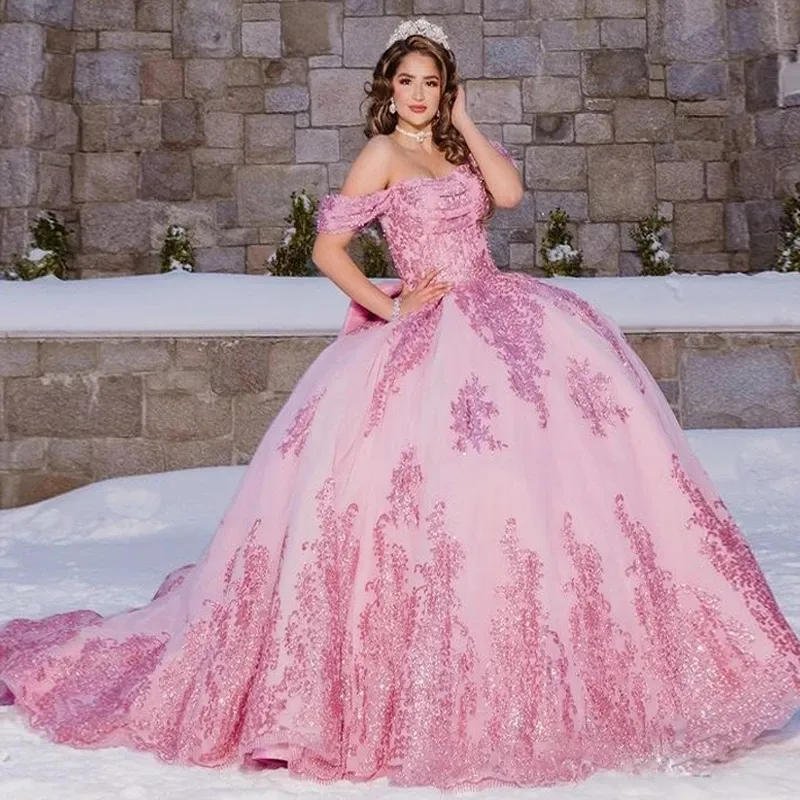 Bling Pembe Quinceanera Özel OCN Bead Bew Tie Tatlı Vestidos için omuz topu balo elbisesinden elbiseler