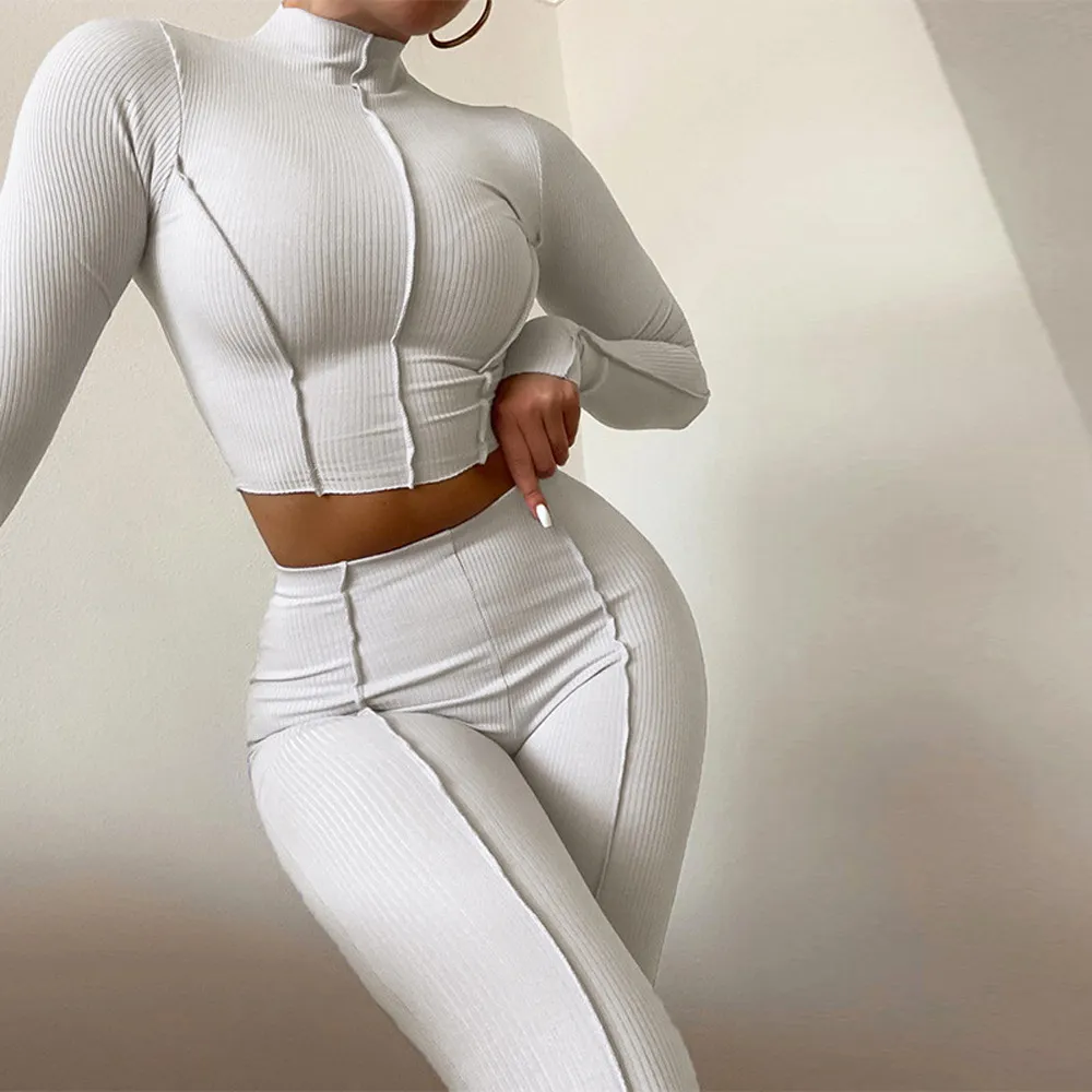 Kadın İki Parça Pantolon Katı Örgü Set Kadın Kıyafetleri Benzersiz Tasarım Fermuar Kapşonlu Mahsul Tops Sportif Streç Sıska Bayan Gündelik Giyim