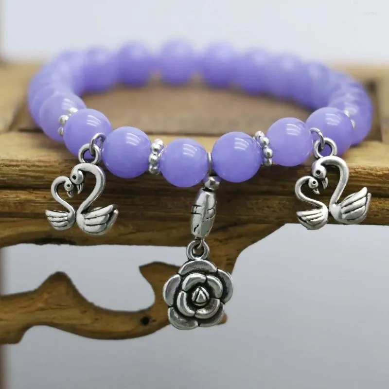 Charme Bracelets Mode Violet Calcédoine Perles Bracelet Pierres Naturelles Fleurs Pendentif Tibet Silvercolor Accessoires Main Chaîne Pour Les Femmes