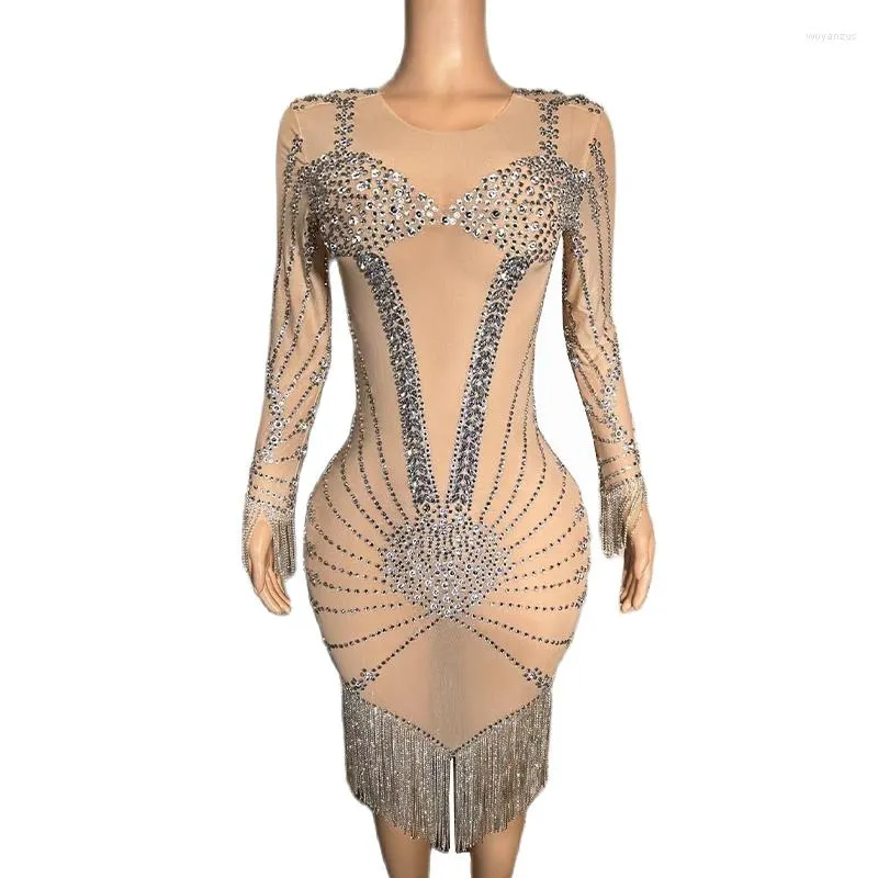 Stage Wear Women Sexy Sparkly Rhinestones Chain Dress Nude Mesh Transparent Celebrate Wedding Evening Prom Gown Birthday