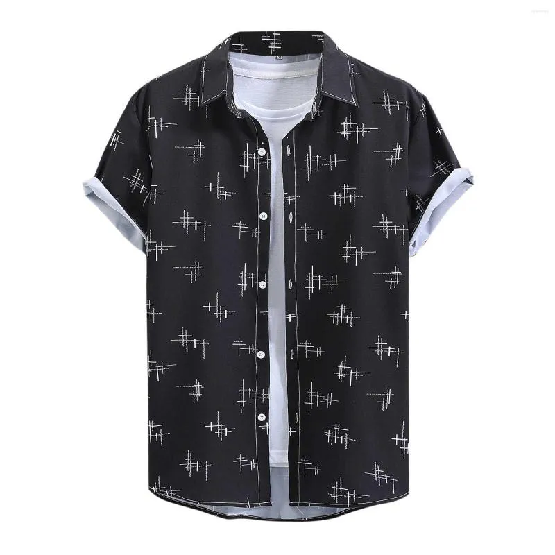 Men's T Shirts Korean Clothing Men's Shirt Summer Short Sleeve Blouses Black Ethnic Print For Men Vintage Clothes