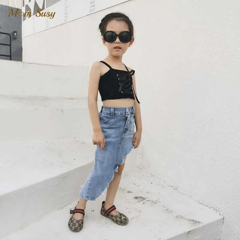 Saias moda bebê menina jean saia algodão criança adolescente menina assimétrica saia de jeans casual design de verão roupas de bebê 2-12y T230301