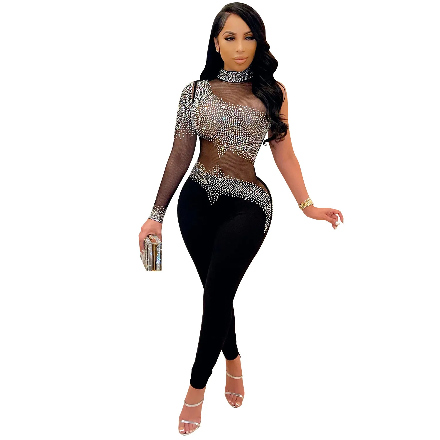 Combinaisons pour femmes Barboteuses Cutubly Diamond Sheer Mesh Jumpsuit Élastique Une Épaule Partie Barboteuses Et Combinaisons Pour Femmes À Manches Longues Barboteuse 230301