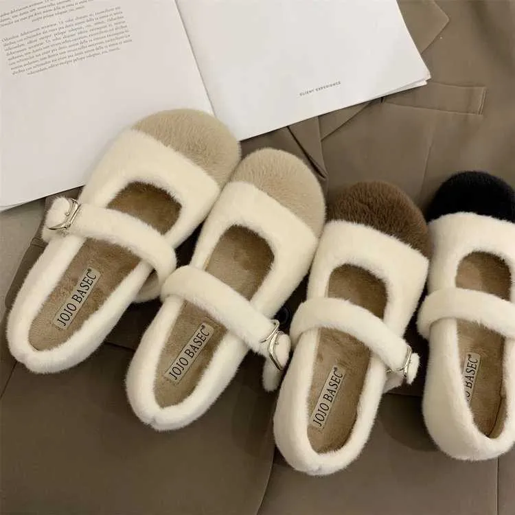 Klädskor riktig kanin päls varm balettlägenheter kvinnor koreanska spänne remm mockasiner mysig rund tå vinter plysch snöskor anti-skidor loafers l230302