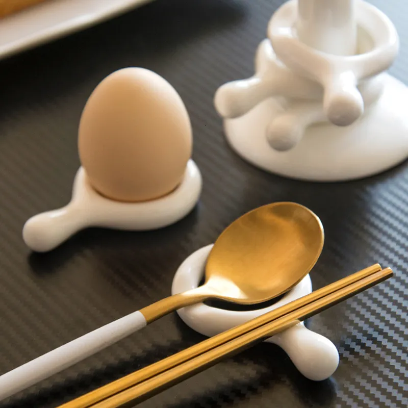 Chopsticks White Ceramic Spoon Chopstick Ring Holder Egg Stand Support