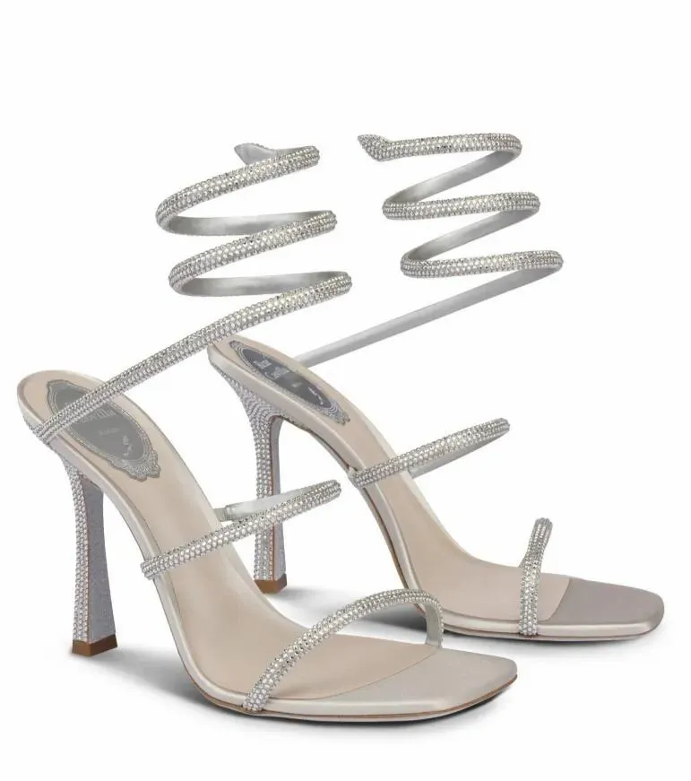 Marca de luxo de verão Rene Cleo Sandálias Sapatos Mulheres Saltos incrustados de cristal Solas de glitter Caovilla Cristais Espiral Tira no tornozelo Senhora Vestido de festa Gladiador Sandalias
