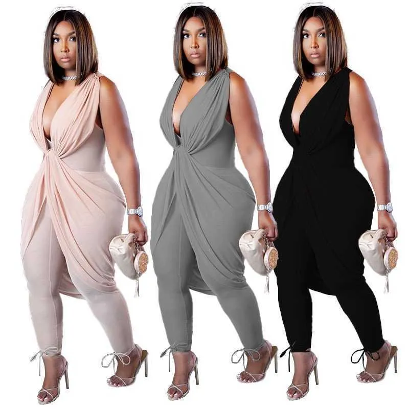 Retail Plus Size Womens Designer Jumpsuit Sexy Sleeveless Solid Color Rompers Fat Laides Milk Silk Temperament Clothing