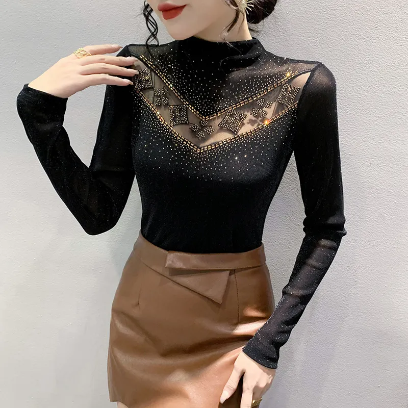 Fall Winter European Clothes Mesh TShirt Sexy Casual Hollow Out Patchwork Diamond's Tops Long Sleeve Drill Tees 1122 230301