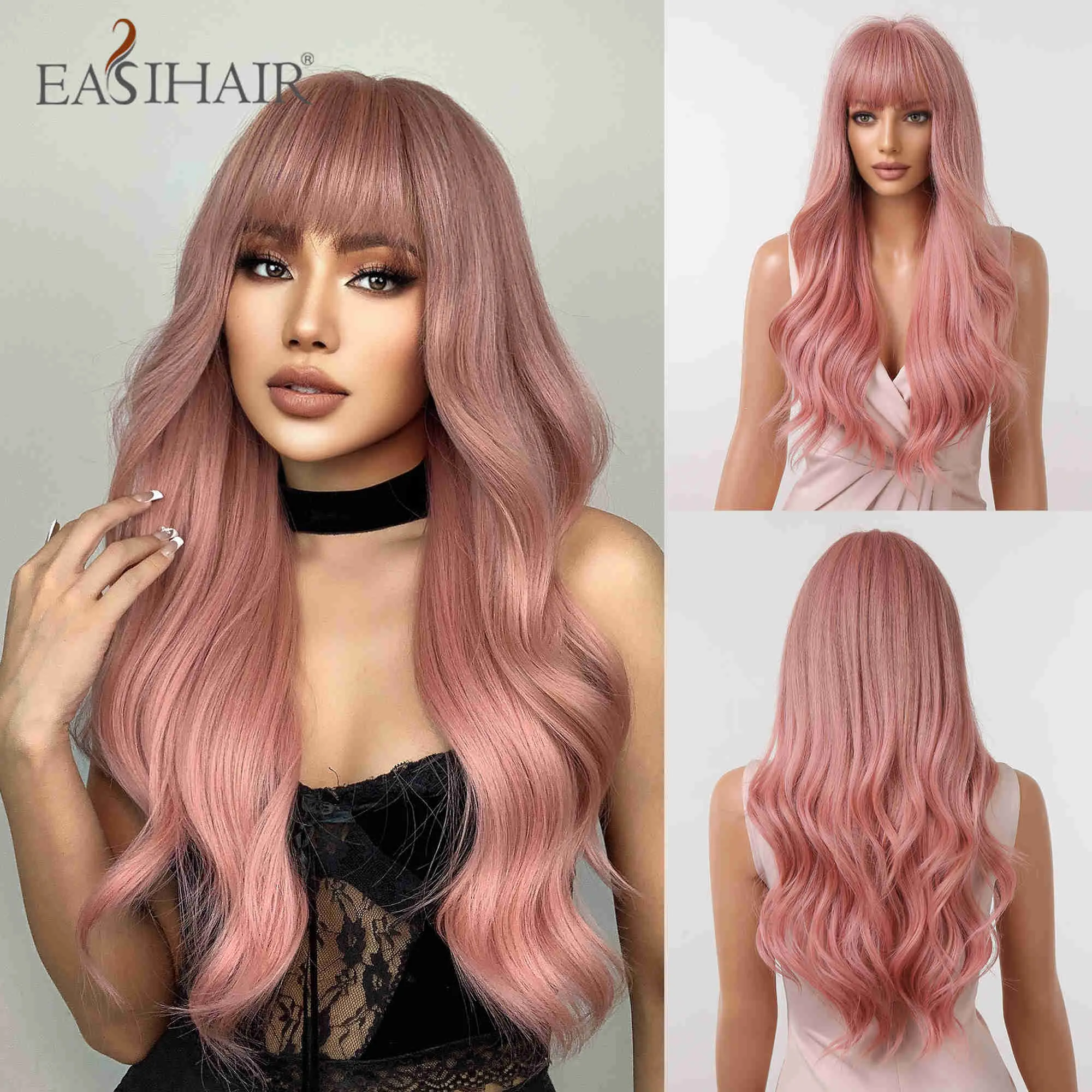 Perruques synthétiques easihair rose long perruques synthétiques ondulées avec une frange cheveux naturels pour femmes lolita mignon cosplay résistant à la chaleur 230227