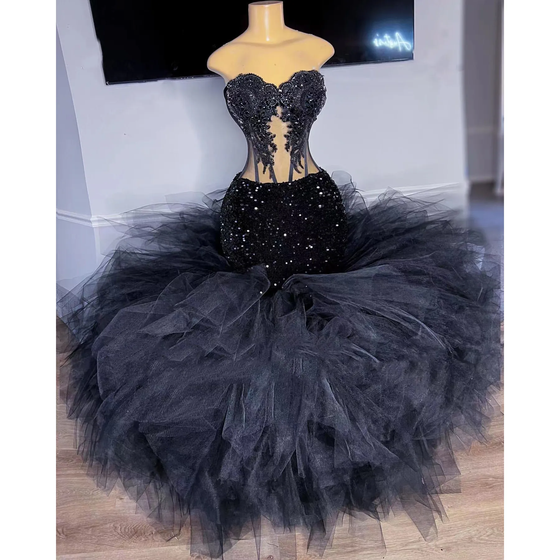 chinese dress ladies Black Shimmer Strapless Panel Train Slit Prom Dress main image 0