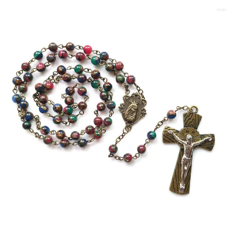 Hänge halsband Ancient Colored Stone Long Jesus Cross Rosary Necklace For Men Women Pärlor Kedjamodsmycken