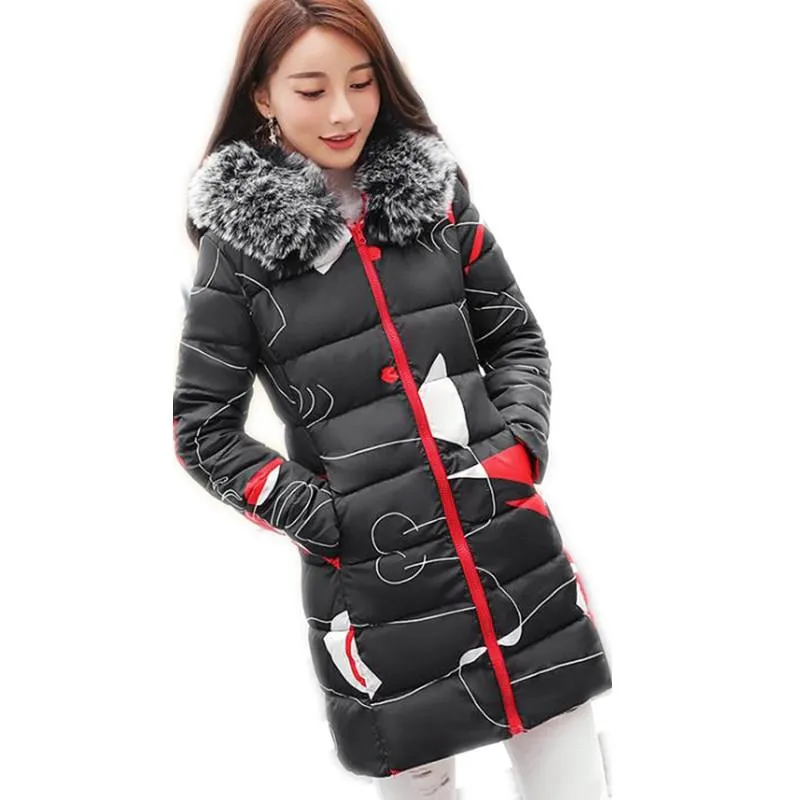 여성 트렌치 코트 도착 겨울 여성 다운 코튼 재킷 2023 패션 프린트 여성 중간 길이 파카 후드 모피 칼라 두껍게 따뜻한 코아