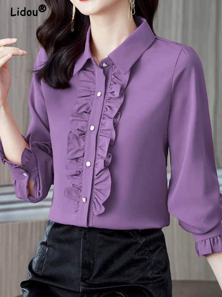 Women's Blouses Shirts Elegant Fashion Temperament Polo-Neck Ruffles Multicolor Shirt Petal Sleeve Office Lady Commute All-match Women's Top 230302