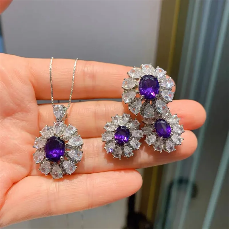 Flower Amethyst Diamond Set Sterling Sier Engagement Wedding Rings Earrings Necklace for Women Promise Jewelry