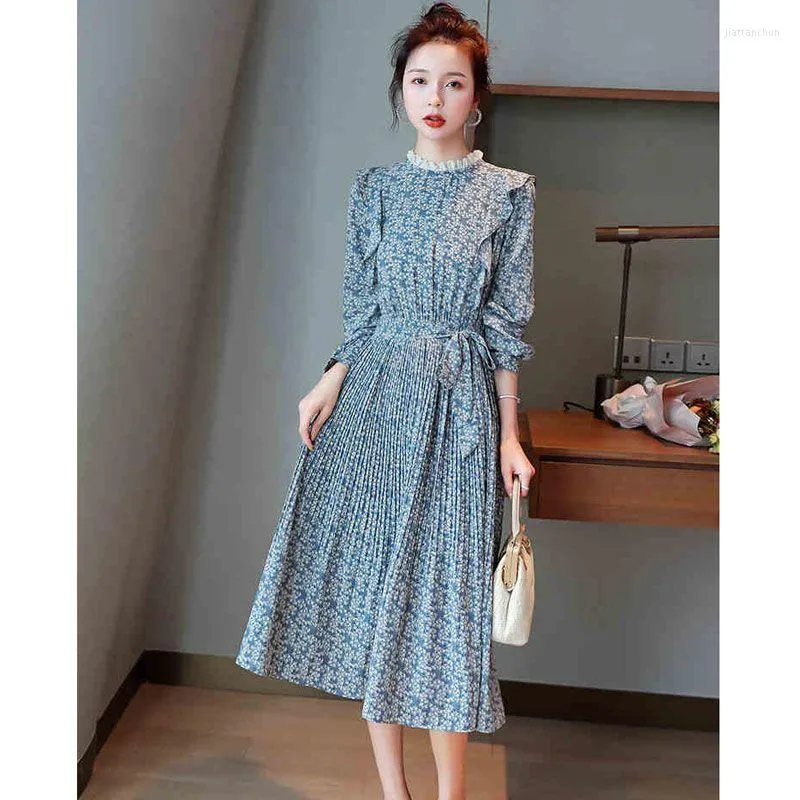 Casual Dresses Long-sleeve Floral Chiffon Dress For Women In Autumn And Winter 2023 Style Pleated Thin Matching Coat Female