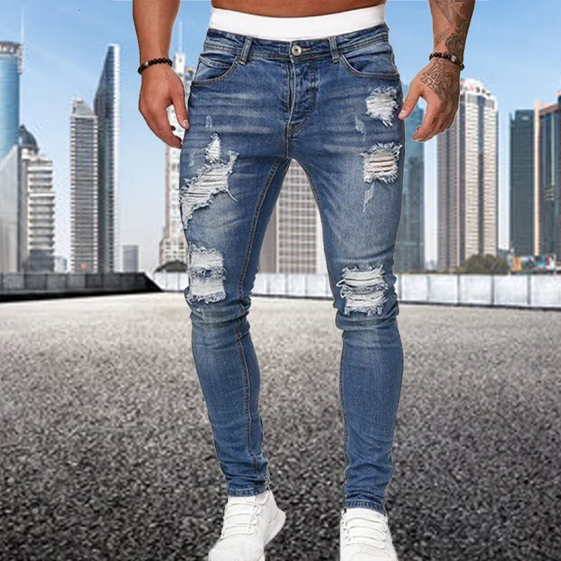 Men's Jeans Fashion Street Style Ripped Skinny Jeans Men Vintage wash Solid Denim Trouser Mens Casual Slim fit pencil denim Pants 230302