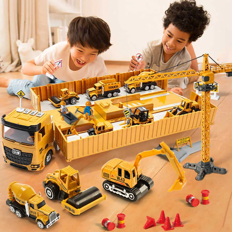 Diecast Model Cars Alloy Engineering Bulldozer Crane Construction Truck Tower Designer för pojkar Spela grävmaskinbilar Set Toys For KidsJ230228