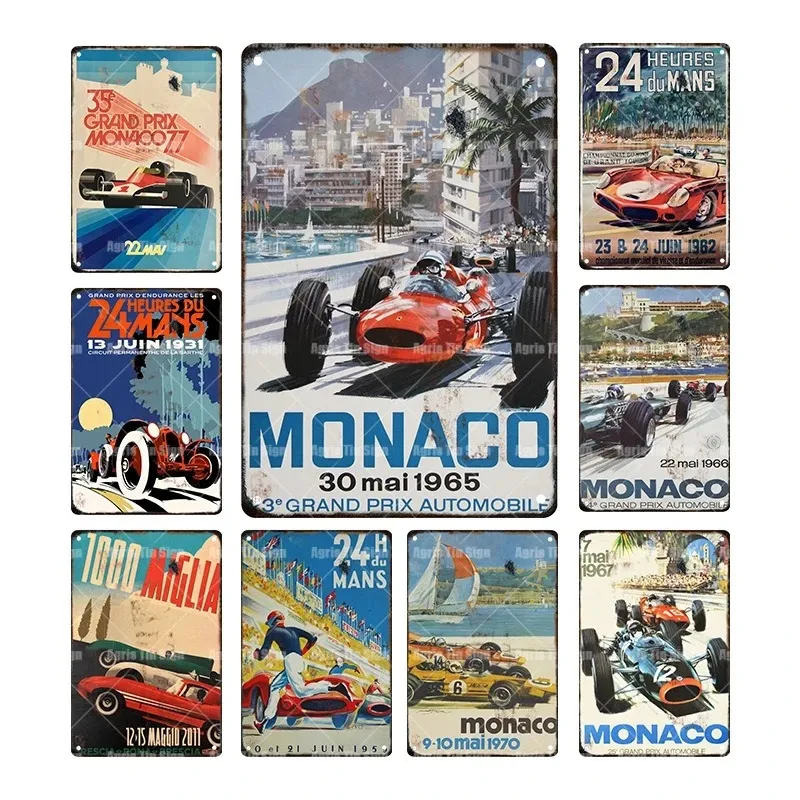 Vintage Monaco Racing Car Art Painting Metal Tin Plate Retro Iron Painting Man Cave Garage Wall Decoratie Poster Garage Outdoor Personaliseer Decor Maat 30x20cm W02