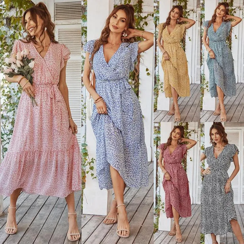 Abiti da festa MCLAOSI Abito estivo da donna manica corta con scollo a V floreale Abito casual ampio Boho a pois con stampa floreale lungo