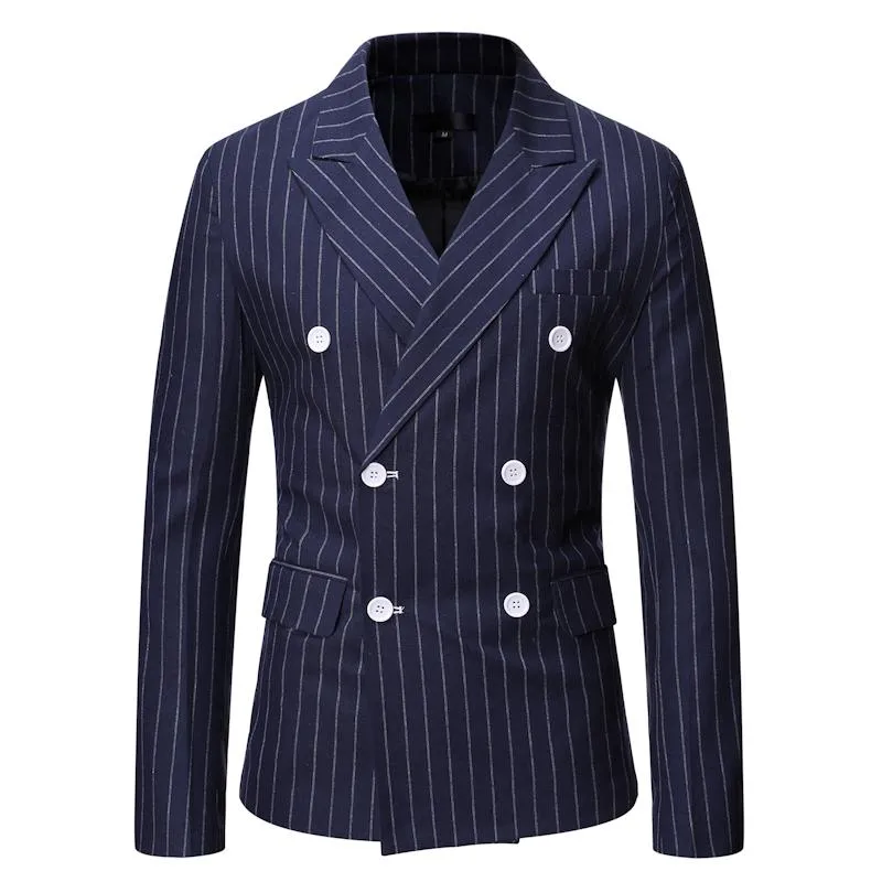 Men's Suits & Blazers Men Spring Autumn Double Breasted Stripe Casual Suit Jackets Gray Black Navy Blue Business Work Daily Life Party PromM