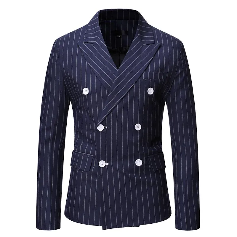 Herenpakken Blazers Men Spring herfst Dubbele borsten Streep Casual pak Jassen Gray Zwarte Navy Blue Business Work Daily Life Party PROMM PROMM