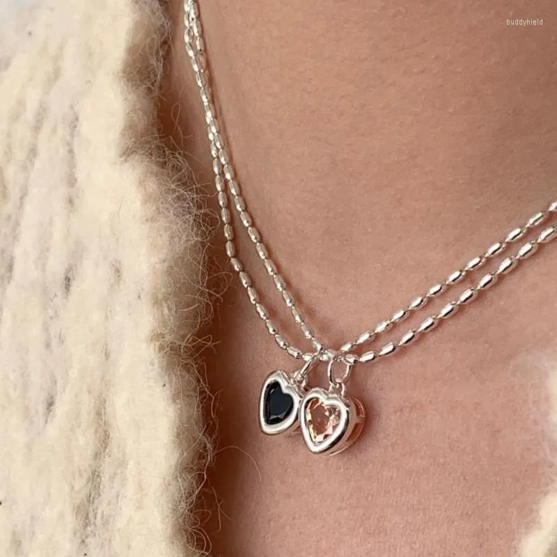 Pendant Necklaces Korea Simple Silver Color Love Heart-shaped Necklace Women Gradient Gemstone Clavicle Beads Chain Couple Jewelry