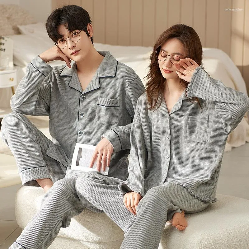 Indumenti da notte da donna in cotone per coppie Solid 2PCS Pigiama Set 2023 Autunno Ladies manica lunga Pijama Suit può essere indossato al di fuori degli uomini