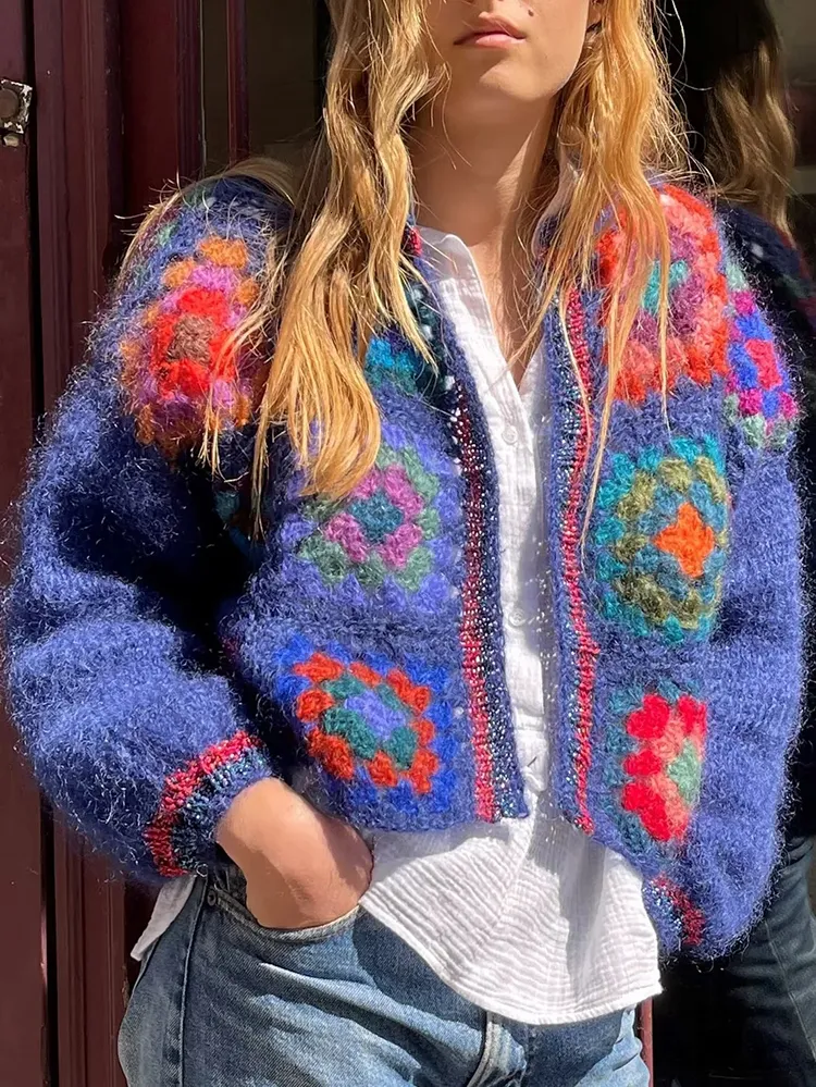 Femmes Tricots T-shirts Gypsylady Tricoté Bloc Motif Chandail Cardigan À La Main Crochet Femmes Bohème Cardigan Laides Dames Automne Bleu Bobo Manteaux 230302