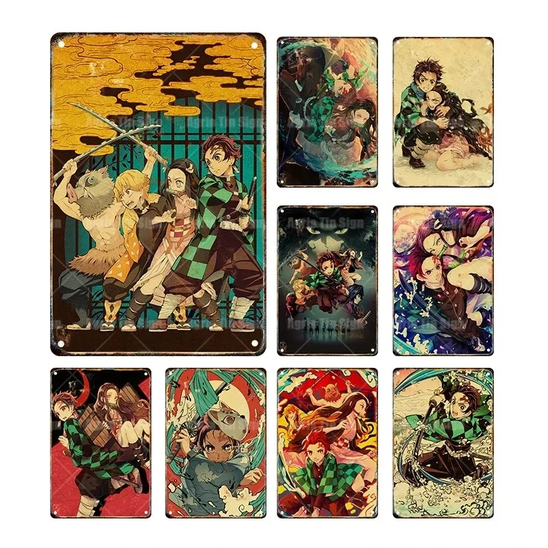 Vintage japansk anime konstmålning demon slayer tenn skylt retro metall affisch tryck hem rum bar vägg målning matel plack personlig dekor storlek 30x20 cm w02