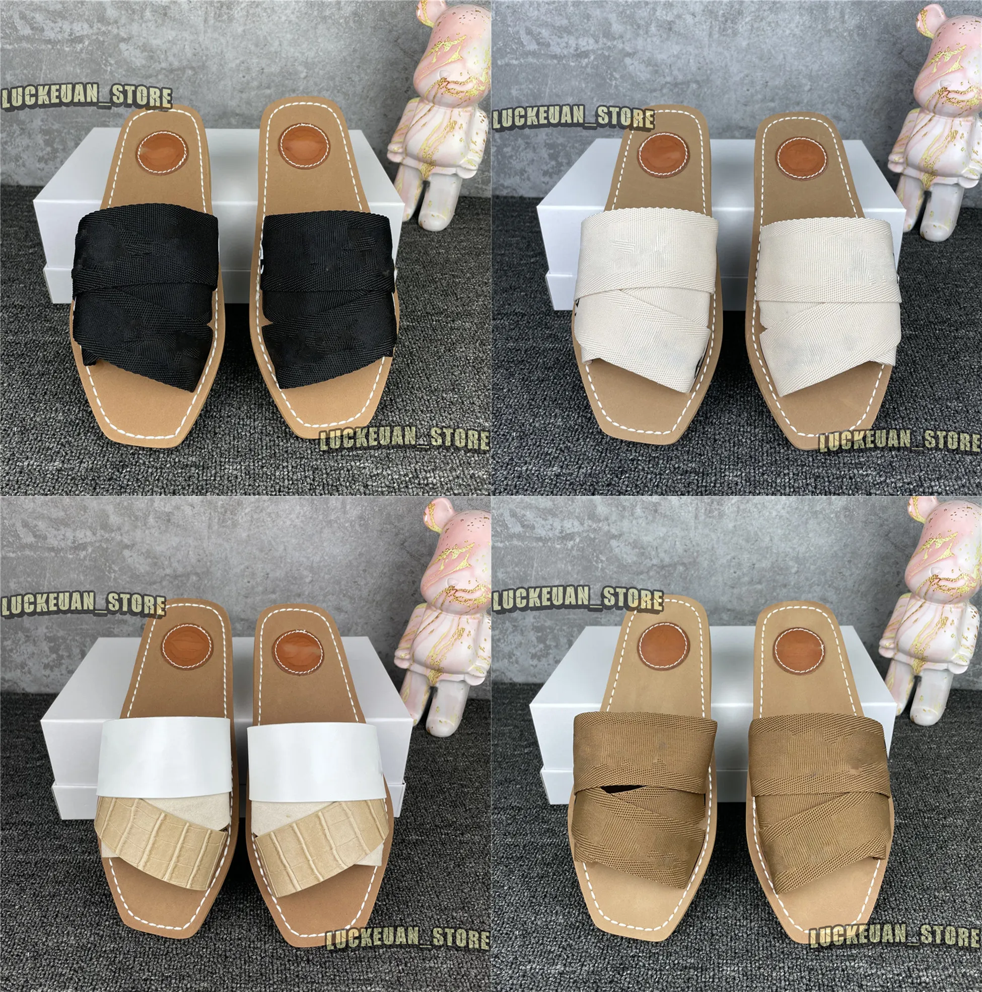 Summer Women Slippers High Quality Woman Woody Mules Sole Slipper Sandals Cross Band Leather Canvas Ladies Slides White Beige Designer Flip Flops Leather Slippers