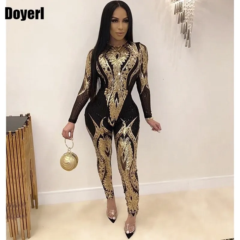 Women's Jumpsuits Rompers Sexy Gold Sequin Jumpsuit Women Bodycon Overalls Glitter Bandage Jumpsuit Elegant Party Club Rompers Womens Jumpsuit Fashion 230301