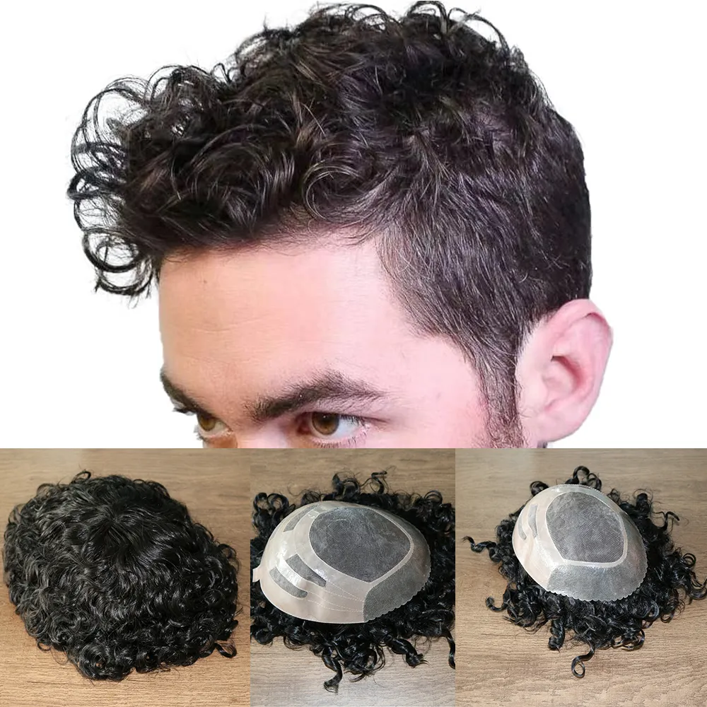 Curly Toupee for Men European Virgin Human Hair Replacement Systems Mens Hairpiece Mono Lace Top with Durable PU